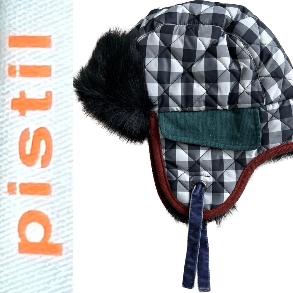 🔥PISTIL Black & White Check RAVE Black Faux Fur Earflap TRAPPER HAT |Women’s OS